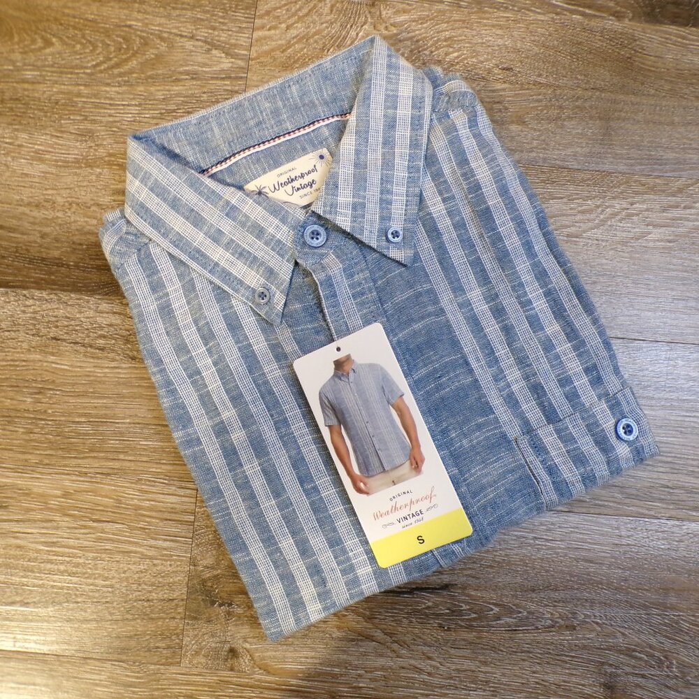 WEATHERPROOF VINTAGE NWT Men’s Linen Cotton Woven Blue Short Sleeve Shirt Size S